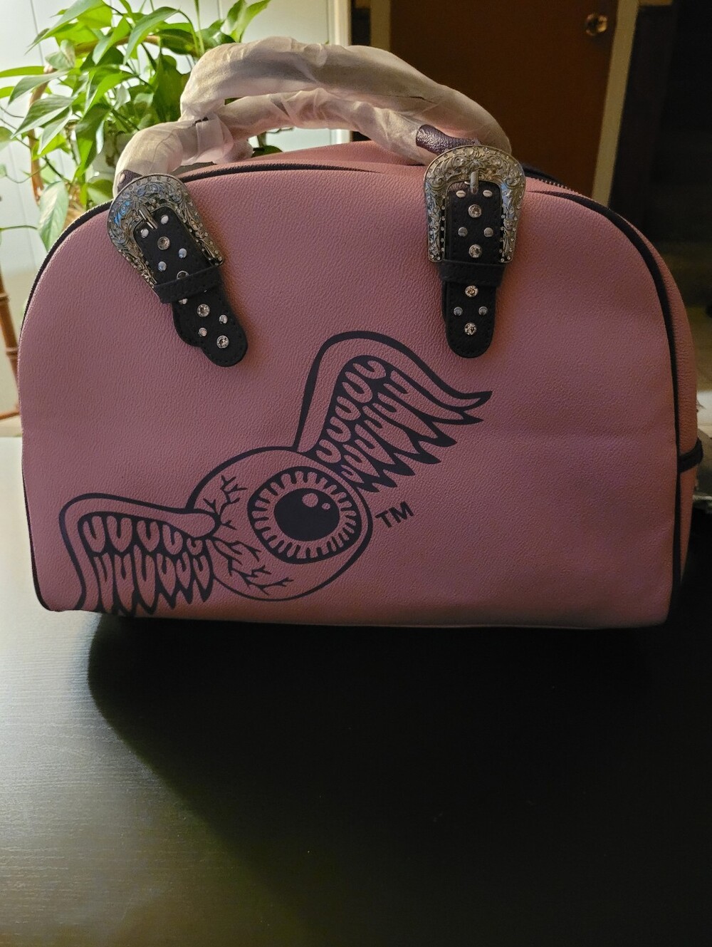Von Dutch Pink and Purple Duffle Bowler Bag with Studded Strap Accents - Picture 2 of 6